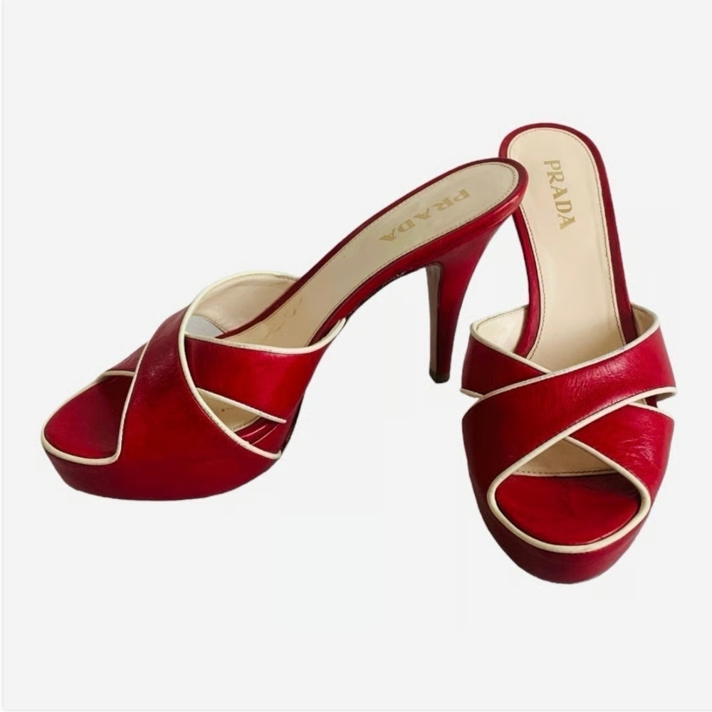 Prada Vitello Raspberry Beige Leather Platform Peep Toe High Heel Sandals Sz 36 - Picture 5 of 9